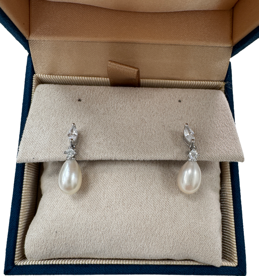 GINGIBERI White Sterling Silver Real Pearl & Diamond Earrings