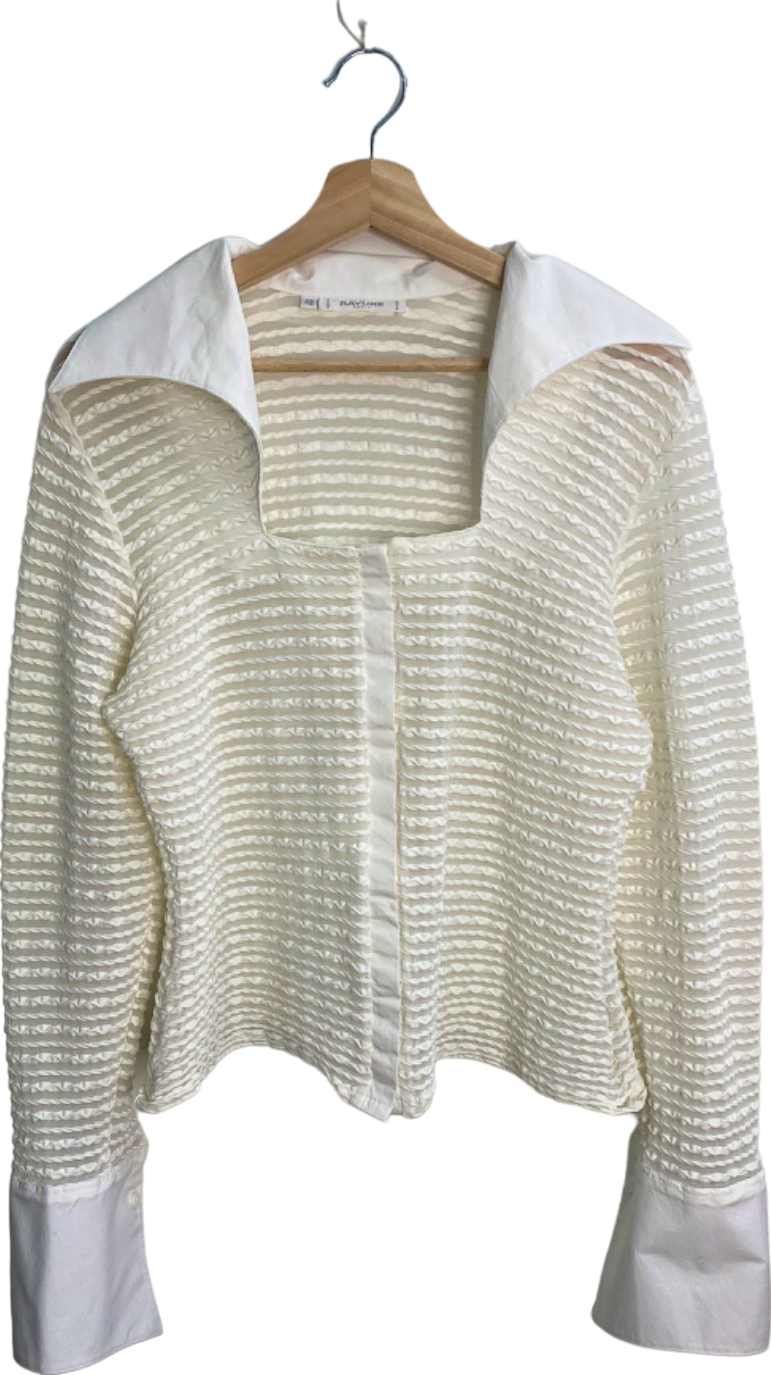 Rayure Paris Vintage White Sheer Striped dramatic collar Blouse UK L