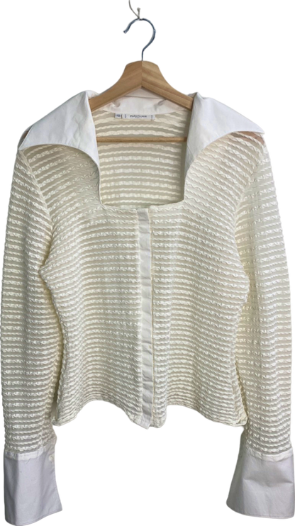 Rayure Paris Vintage White Sheer Striped dramatic collar Blouse UK L