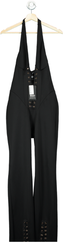 EGO Black Plunge Lace Up Detail Flared Jumpsuit UK 8