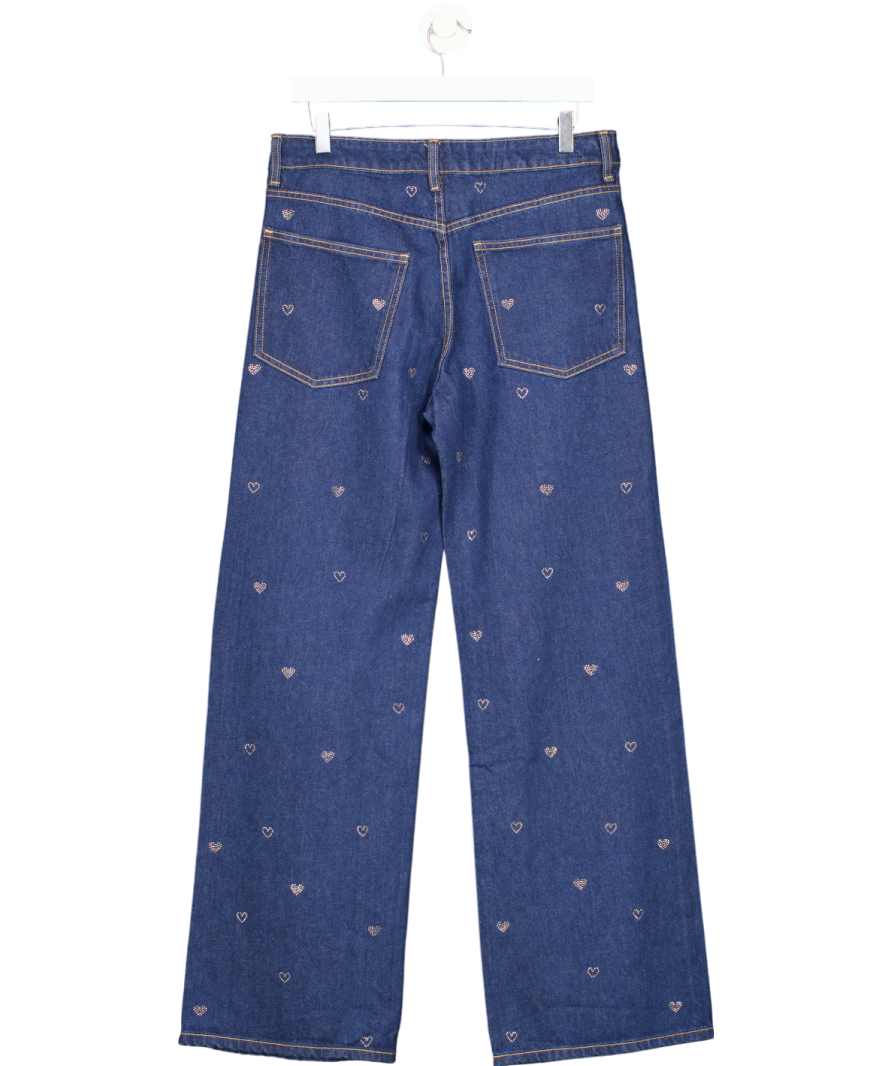 ZARA Blue Wide Leg Rhinestone Heart Mid Waist Jeans UK 8