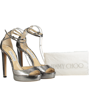 Jimmy Choo Metallic Gunmetal Platform Heeled Sandals UK 8 EU 41