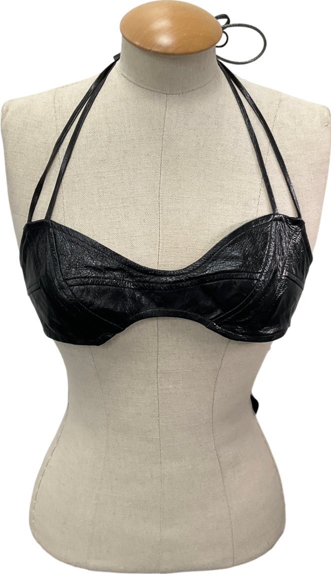 agro studios Black Leather Cross Back Strappy Halter Neck Crop Top UK S