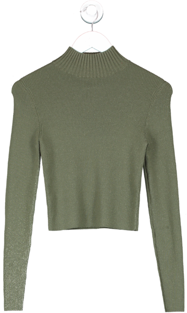 Alice + Olivia Green Senaida Cropped Lightweight Rib Mock Neck Jumper UK S/M