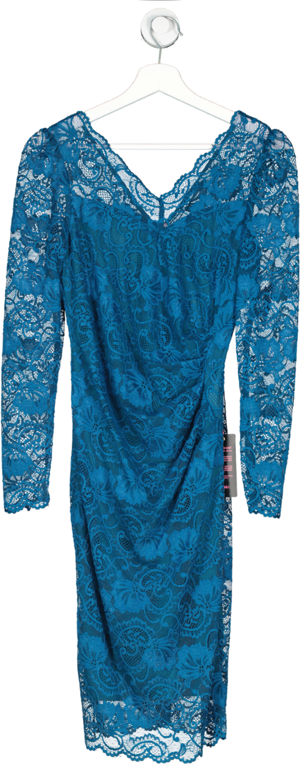 Jolie Moi Blue V Neck 3/4 Sleeve Lace Dress UK 10