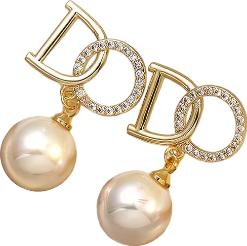 Gold/ Diamante And Pearl D Logo Earrings