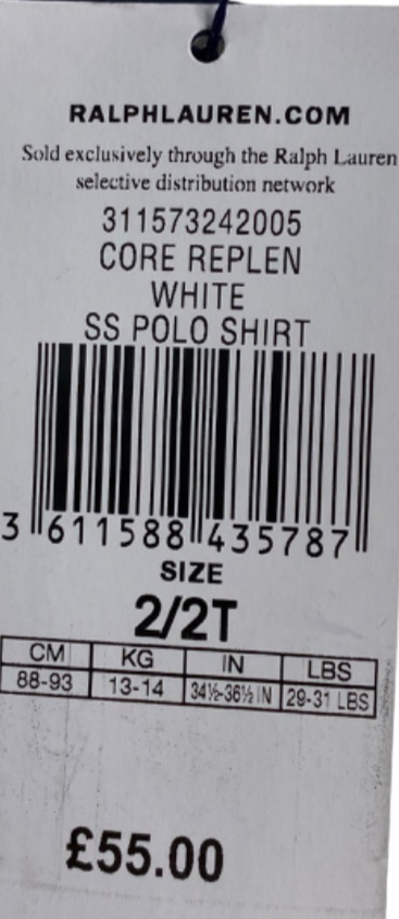Ralph Lauren White SS Polo Shirt UK 2 Years