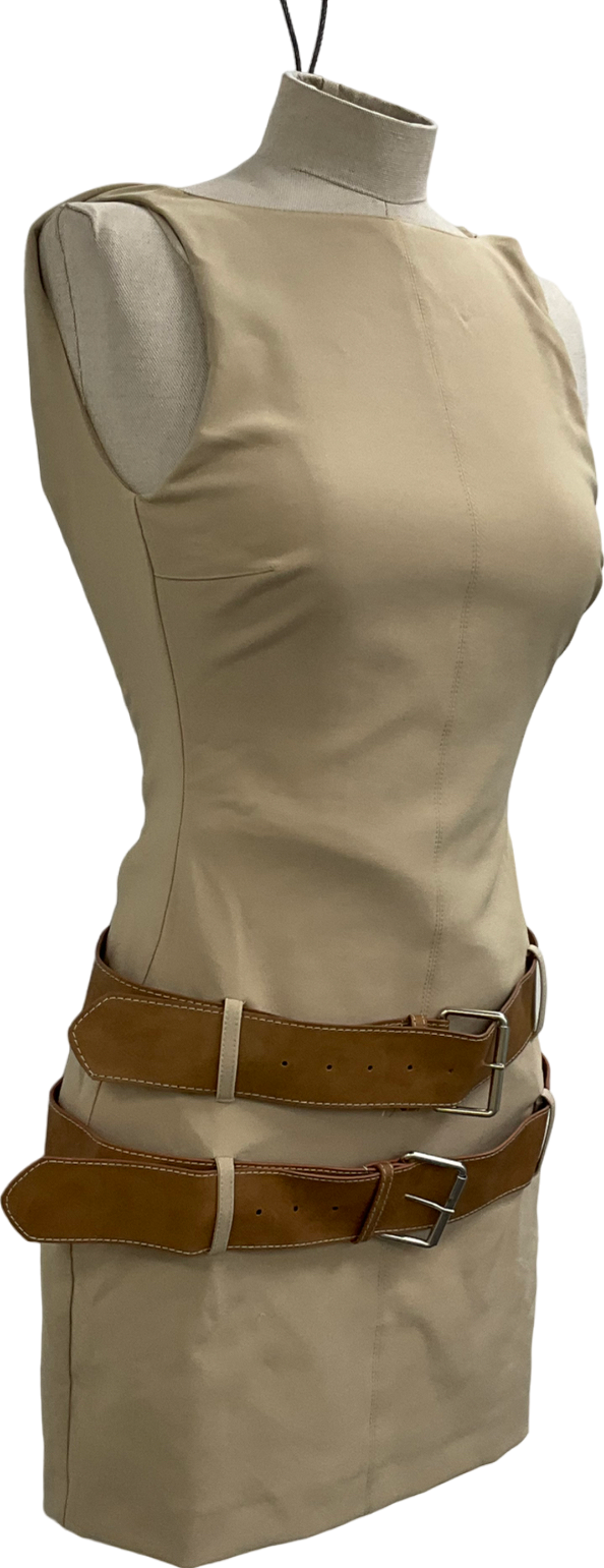 ZARA Short Fitted Dress With Double Belt Light Camel Beige UK 8