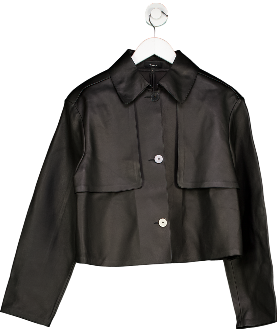 Theory Black Cropped Nappa Leather Trench Jacket UK M