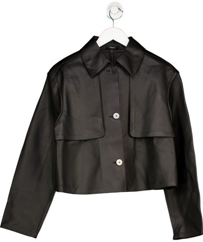 Theory Black Cropped Nappa Leather Trench Jacket UK M