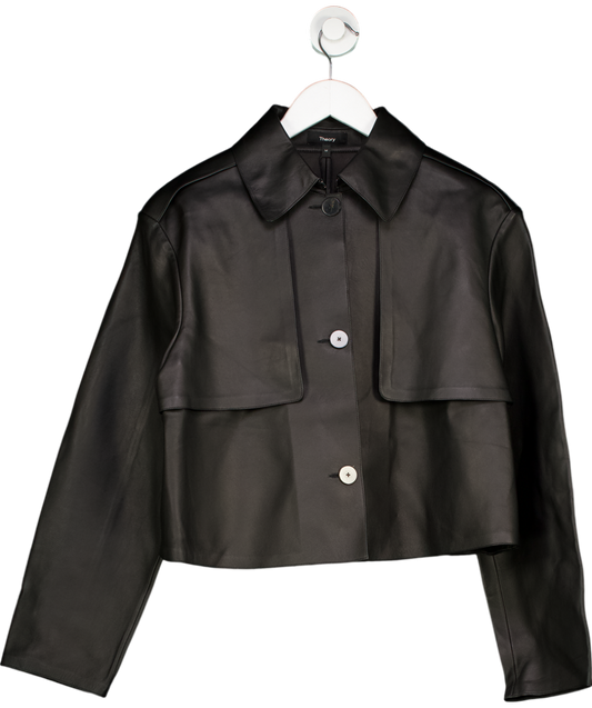 Theory Black Cropped Nappa Leather Trench Jacket UK M