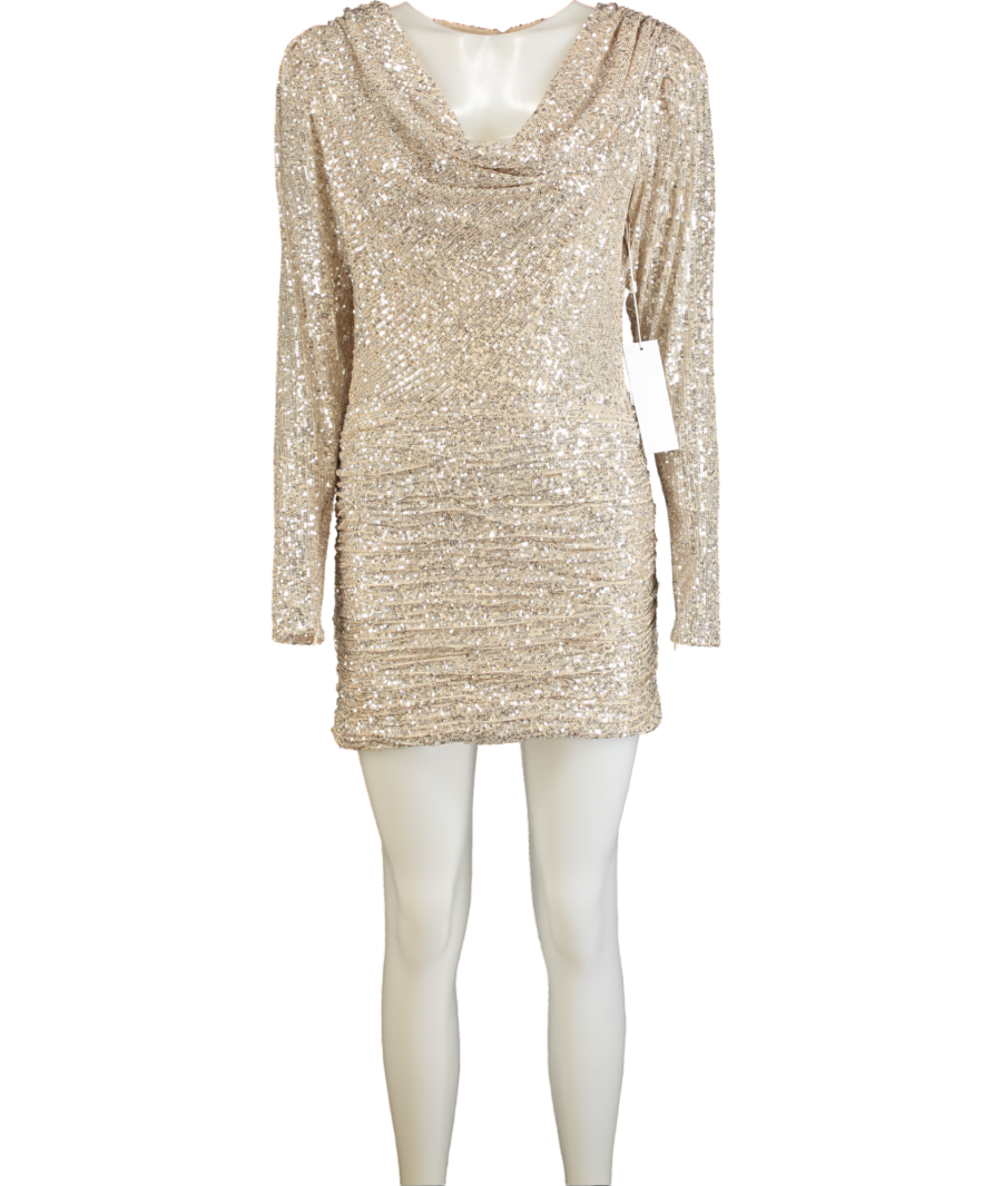 Ronny Kobo Metallic Elena Champagne  Sequin Cowlneck Minidress UK XS