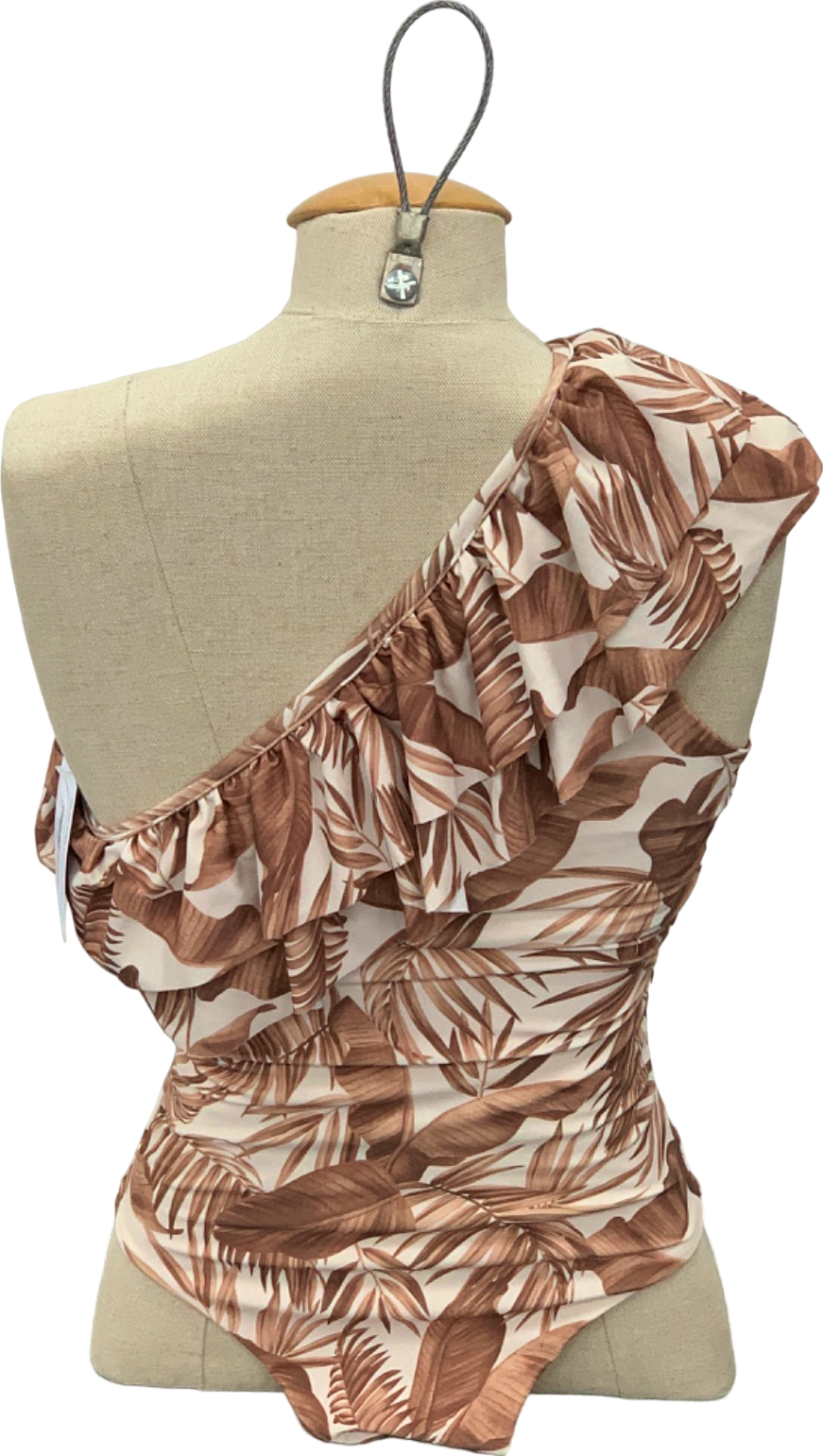 Brown Tropical Print One-Shoulder Swimsuit UK 8