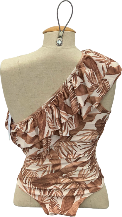 Brown Tropical Print One-Shoulder Swimsuit UK 8