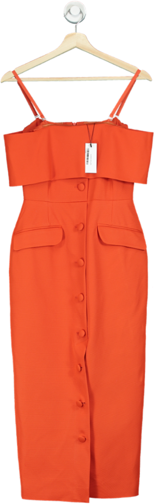 Karen Millen Orange Italian Structured Rib Bardot Button Through Tailored Midi Dress UK 8