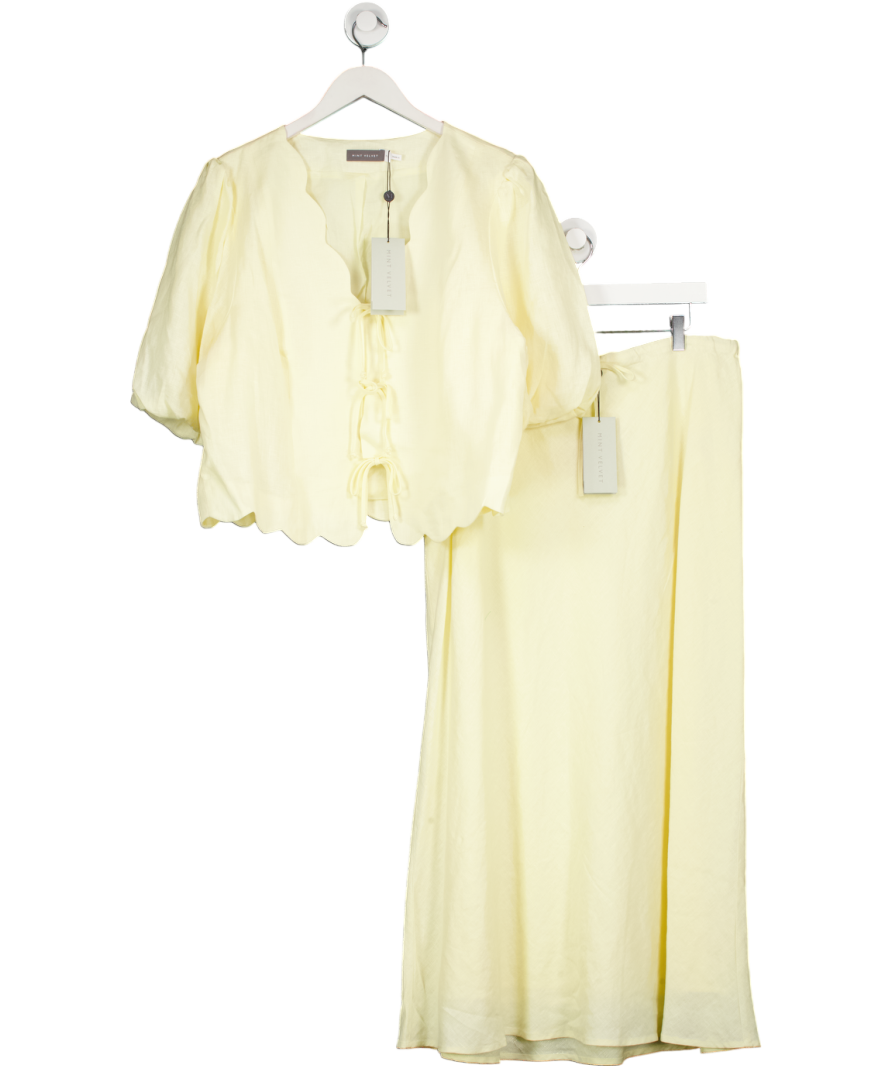 Mint Velvet Yellow 2-piece Scalloped Linen Tie-front Top And Midi Skirt Set UK XL