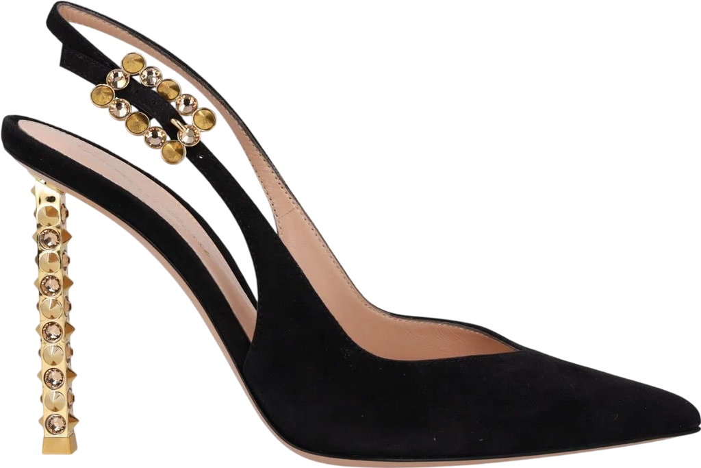 GIANVITO ROSSI Black Suede Leather & Gold Crystal Embellished 110mm Slingback Pumps UK 4 EU 37