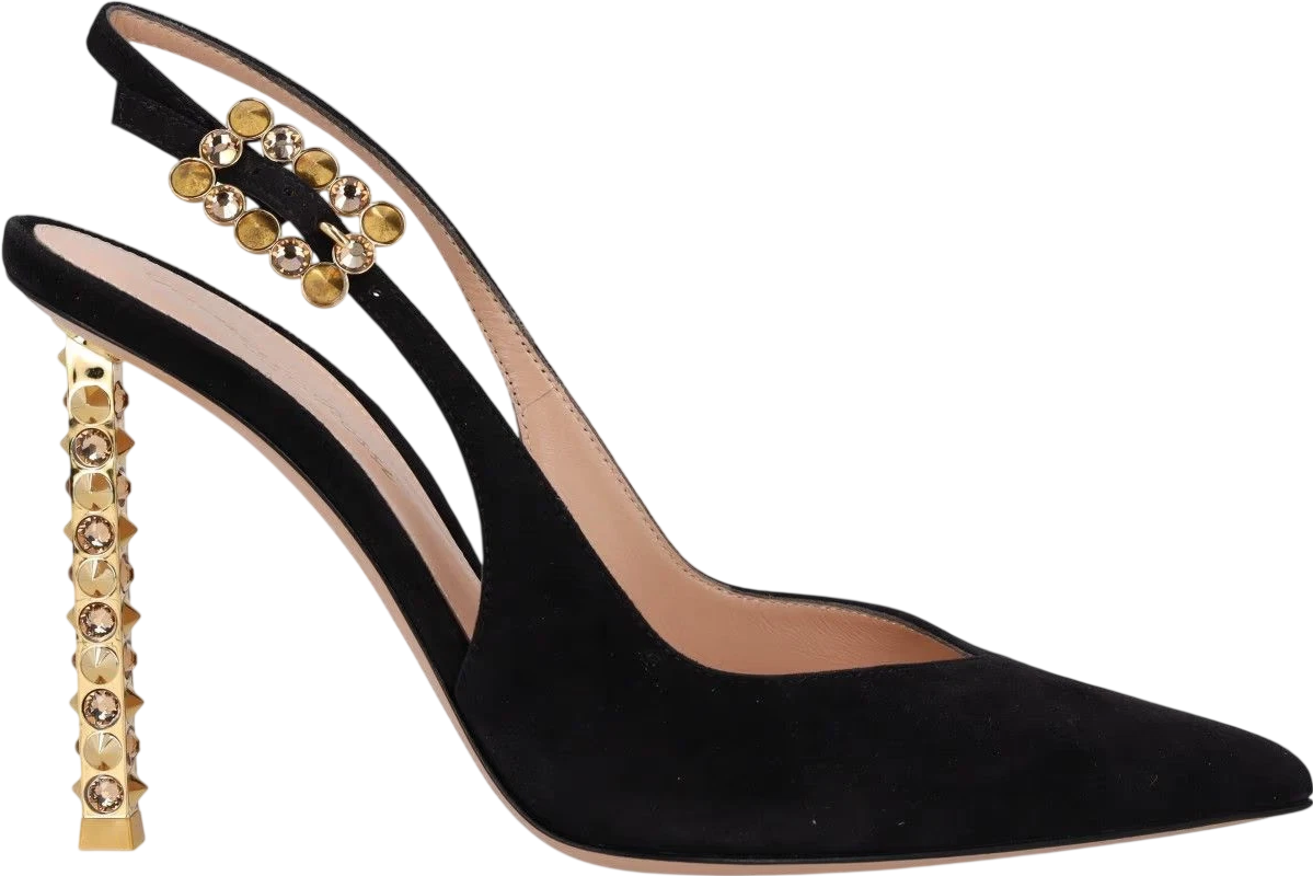 GIANVITO ROSSI Black Suede Leather & Gold Crystal Embellished 110mm Slingback Pumps UK 4 EU 37