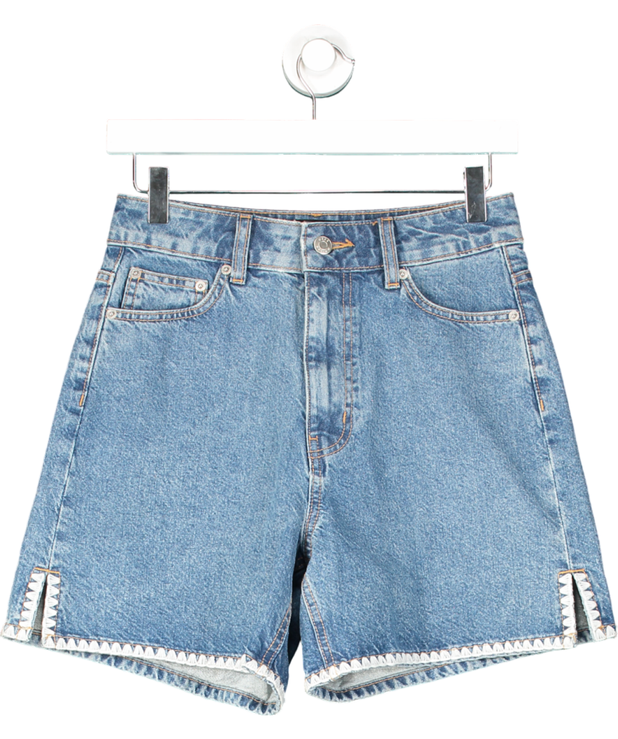 ASOS Denim Dad Shorts In Mid Blue With White Tapestry Floral Trim UK 6