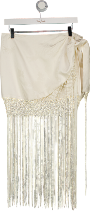 BOA Cream Satin Jacquard Sarong Midi Skirt With Fringing UK S