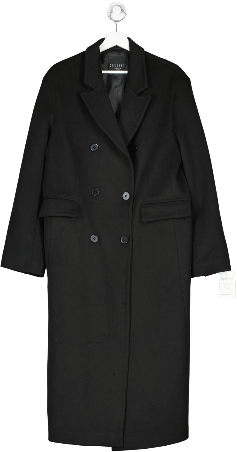 DreJani Black 100% Cashmere Double Breasted Overcoat UK M