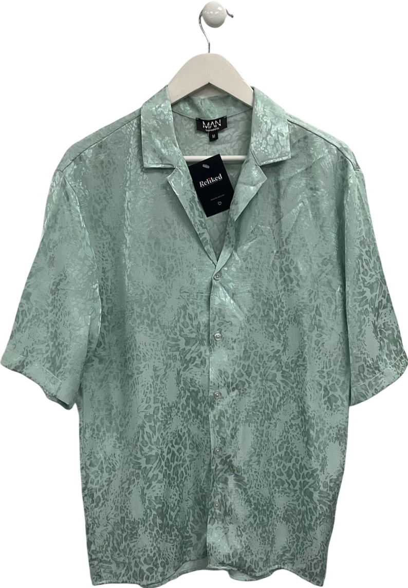 boohooMan Green Satin Leopard Print Shirt UK M