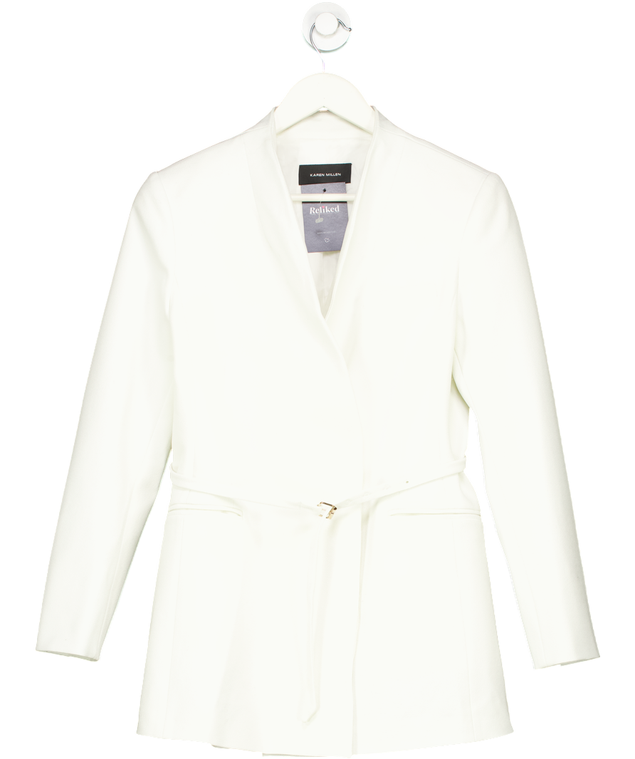 Karen Millen White Structured Crepe Tailored Collarless Belted Blazer UK 10