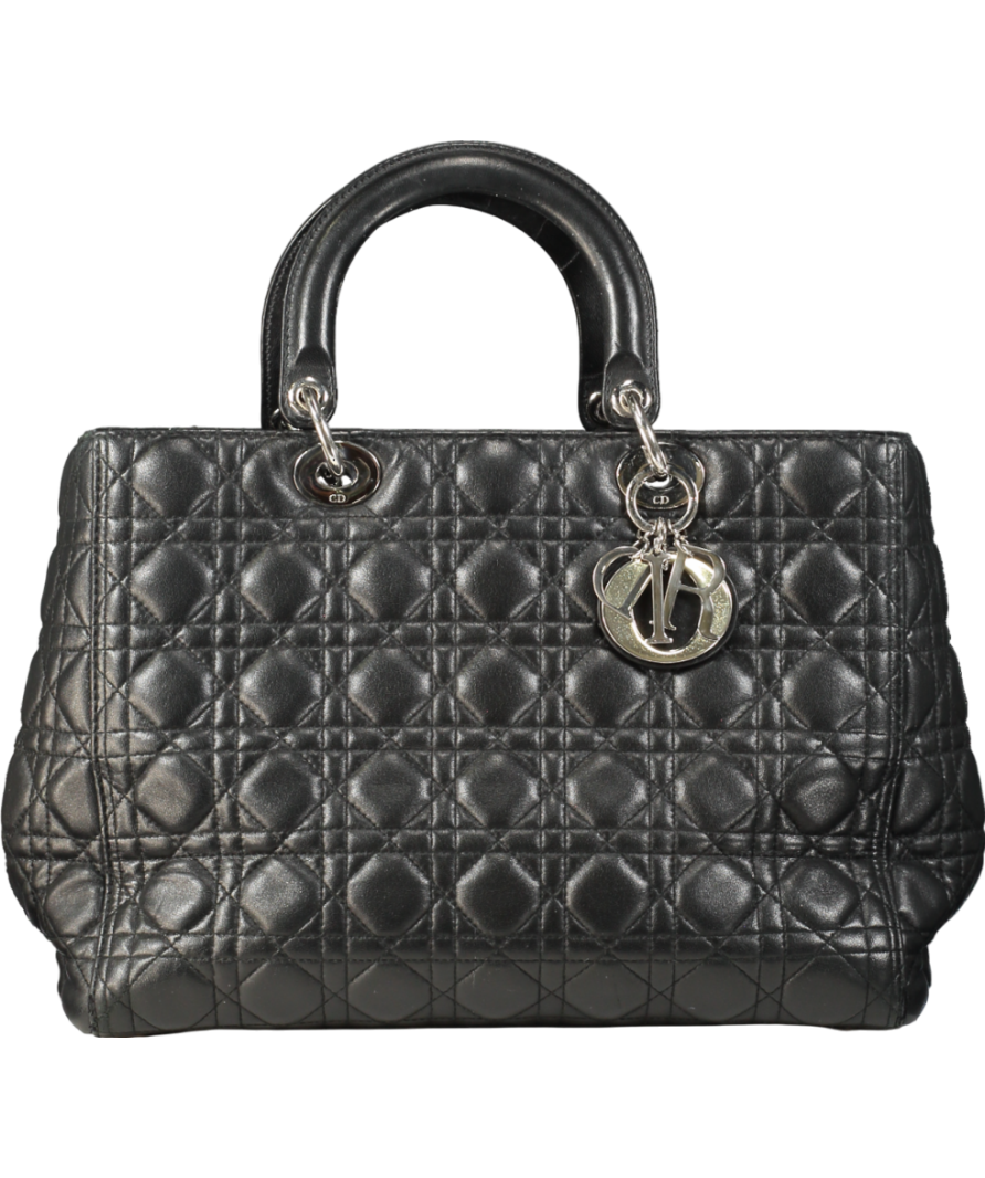 CHRISTIAN DIOR Black Lambskin Lady Dior Black Handbag  with Silver hardware