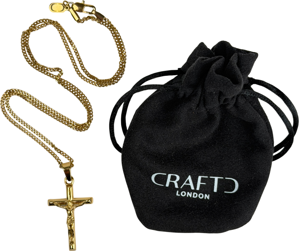 CRAFTD LONDON 18k Yellow gold plated 'a Symbol Of Faith' Crucifix Pendant & 2mm Cuban Chain