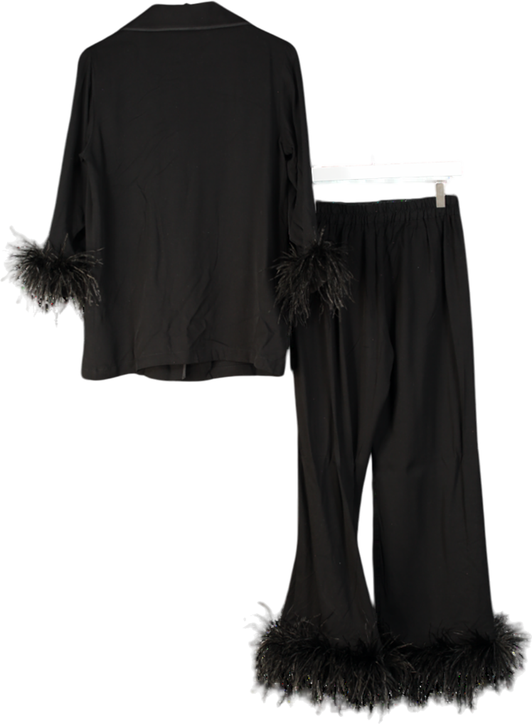 Sleeper Black Party Feather-trimmed Crepe De Chine Pyjama Set UK S