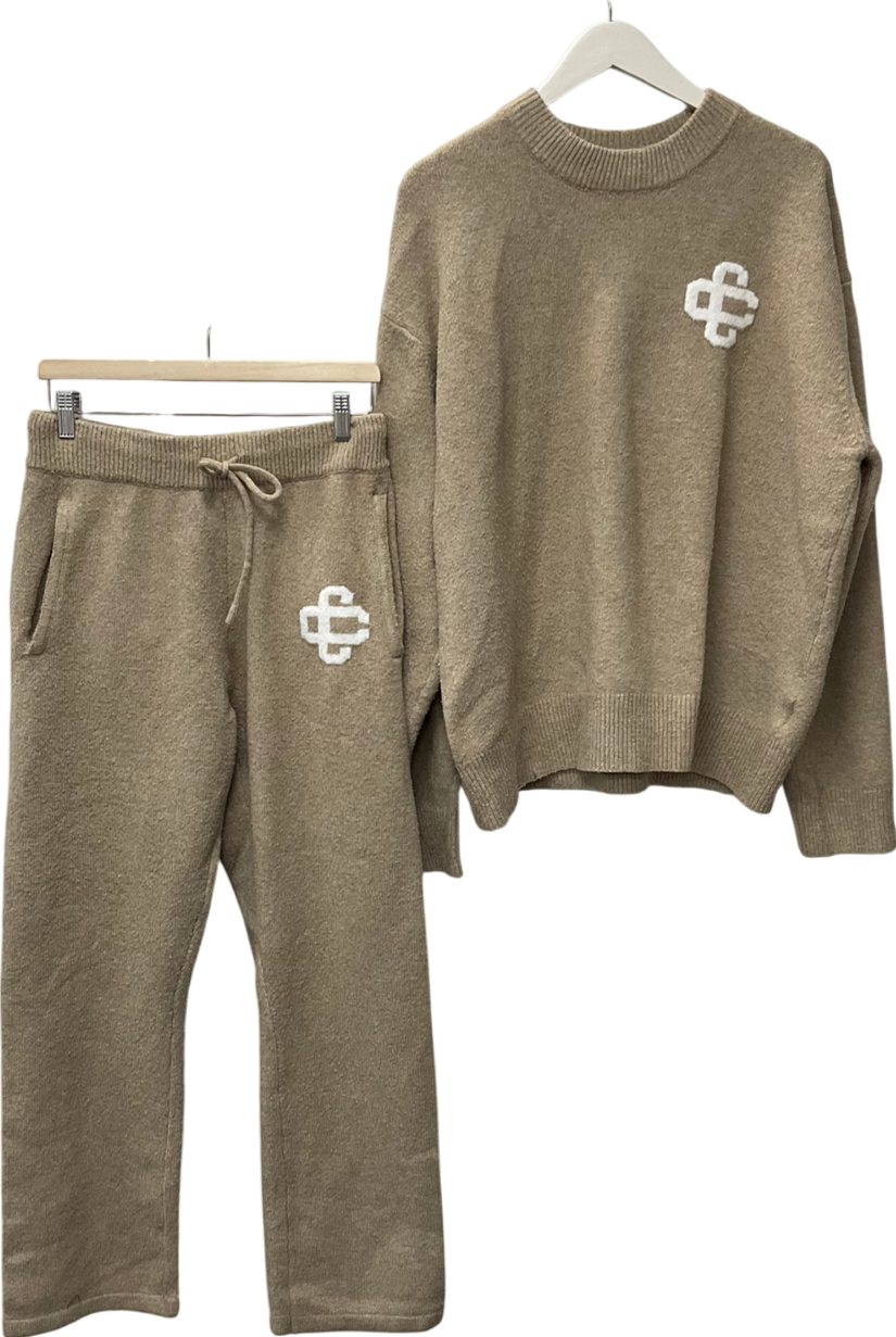 The Couture Club Beige Branded Drawstring-waist Knitted Trousers & Fluffy Emblem Jumper UK M/L