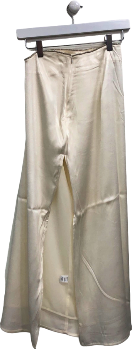 Meshki Ivory Satin High-Waisted Wide Leg Trousers UK XS