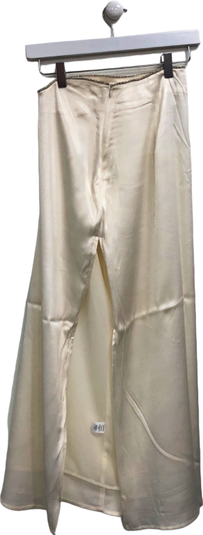 Meshki Ivory Satin High-Waisted Wide Leg Trousers UK XS