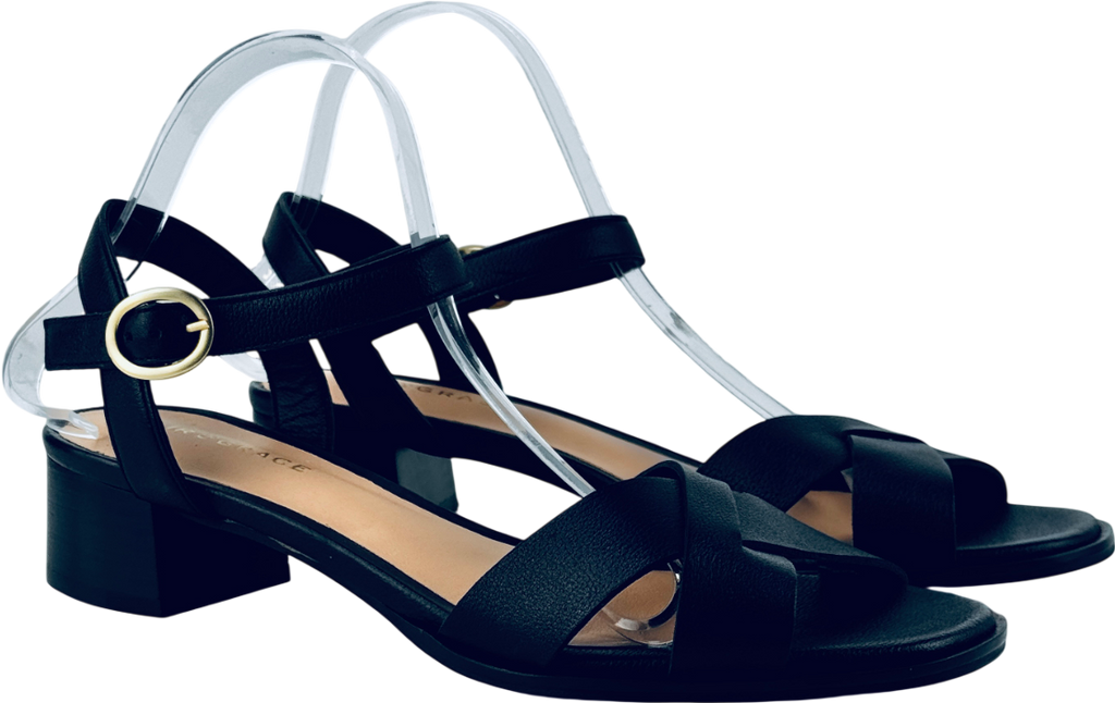 AIR & GRACE Black Leather Block Heeled Sandals UK 7 EU 40 👠