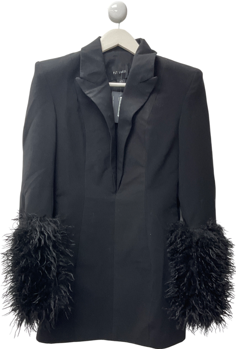 PrettyLittleThing Plt Label Plus Black Faux Shearling Cuff Tailored Blazer Dress UK 10