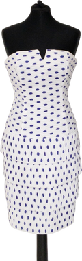 CAROLINE CHARLES LONDON White / Blue Polka Dot Tiered Structured Occasion Dress UK 10