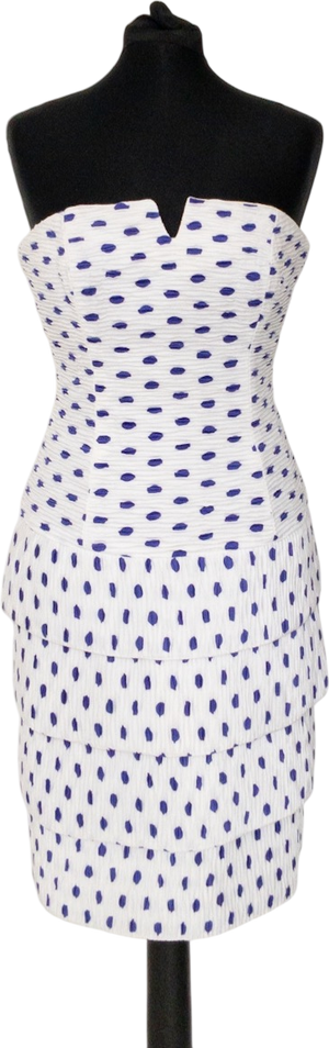 CAROLINE CHARLES LONDON White / Blue Polka Dot Tiered Structured Occasion Dress UK 10
