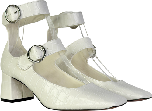 ASOS White Sasha Double Buckle Strap Mid Block Heel Shoes UK 5 EU 38