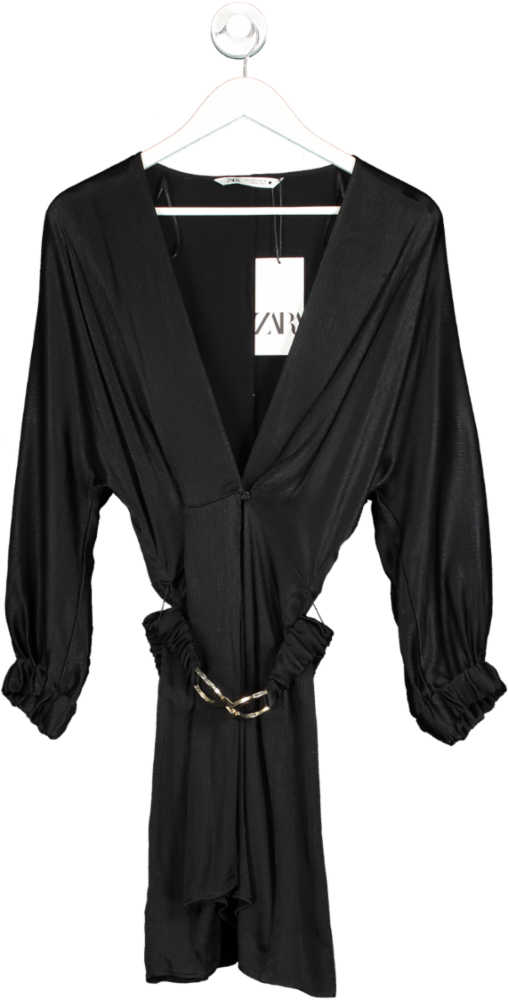 ZARA Black Satin Belted Mini Dress UK S