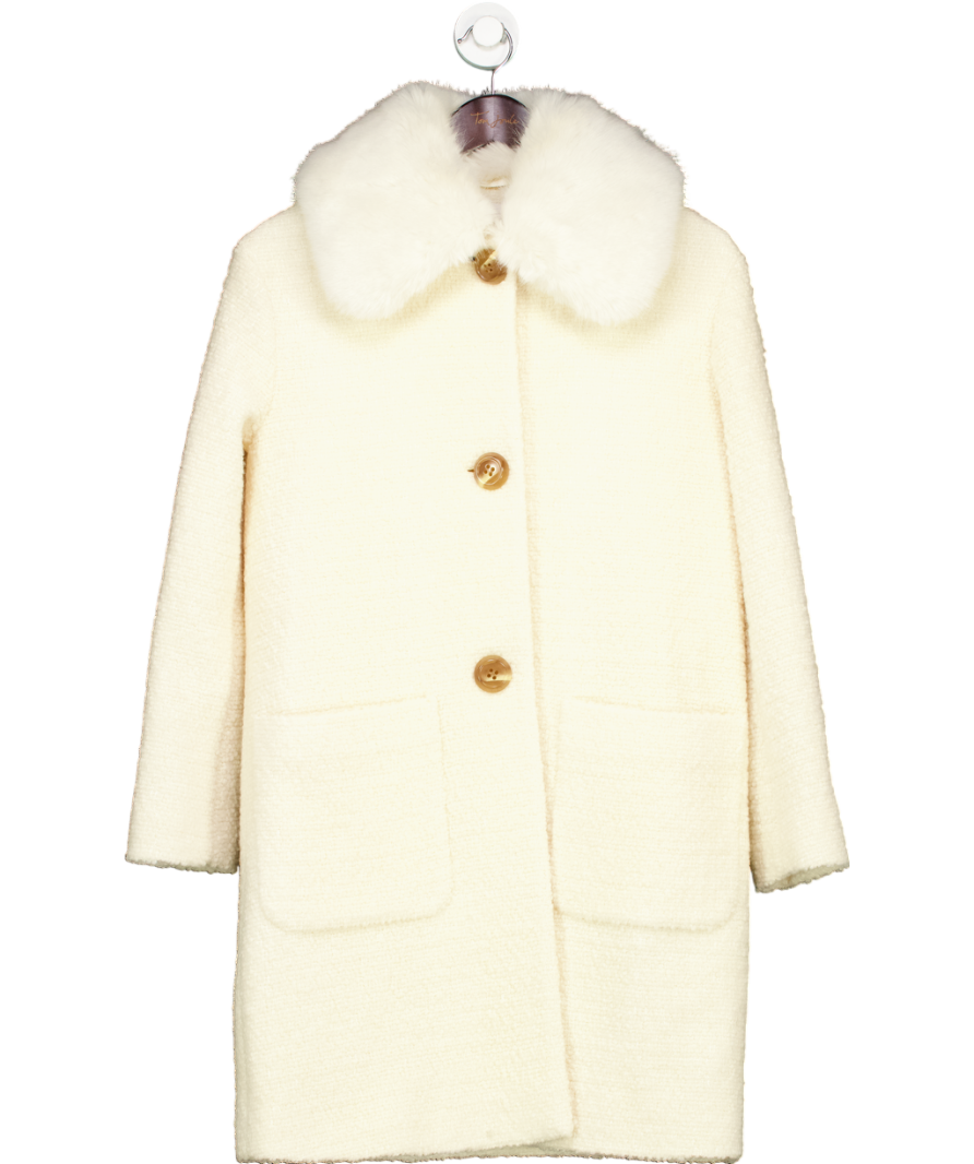 LK Bennett Cream Boucle Coat With Faux Fur Collar UK 6