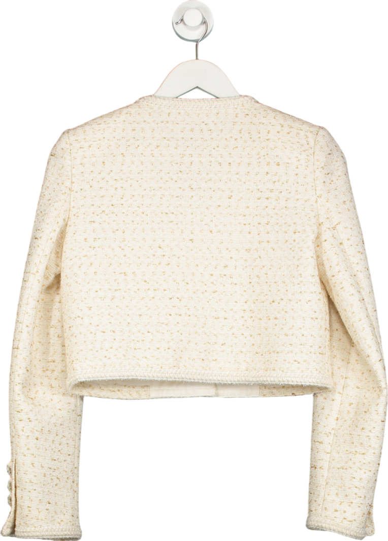 Self-Portrait Cream Cropped Crystal-embellished Metallic Tweed Jacket UK 8