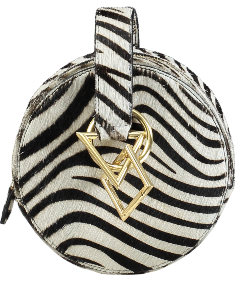 Tarah Zadeh Black Azar Leather Zebra Pony Hair Round Wristlet Clutch Bag