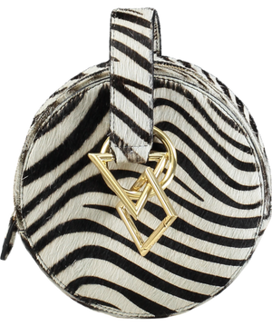 Tarah Zadeh Black Azar Leather Zebra Pony Hair Round Wristlet Clutch Bag