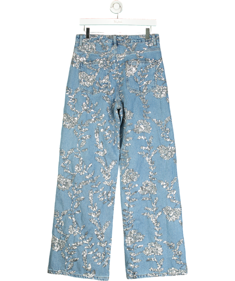 Karen Millen Blue Denim All Over Floral Sequin Wide Leg Trousers UK 10