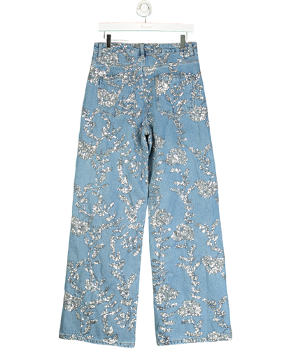 Karen Millen Blue Denim All Over Floral Sequin Wide Leg Trousers UK 10