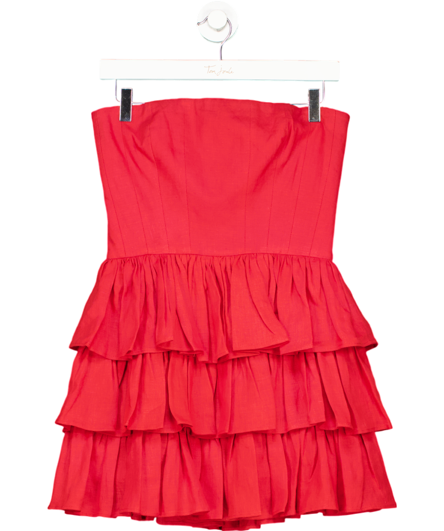 Labeca Red Mila Goji Linen Strapless Mini Ruffle Dress UK S