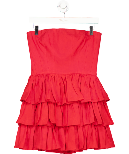 Labeca Red Mila Goji Linen Strapless Mini Ruffle Dress UK S