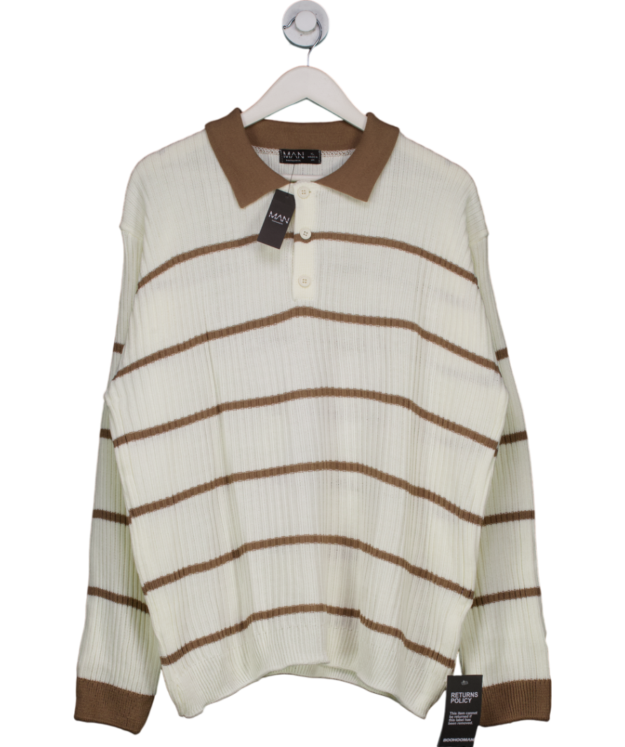 boohooMan Beige Striped Knitted Rugby Polo Shirt UK XL