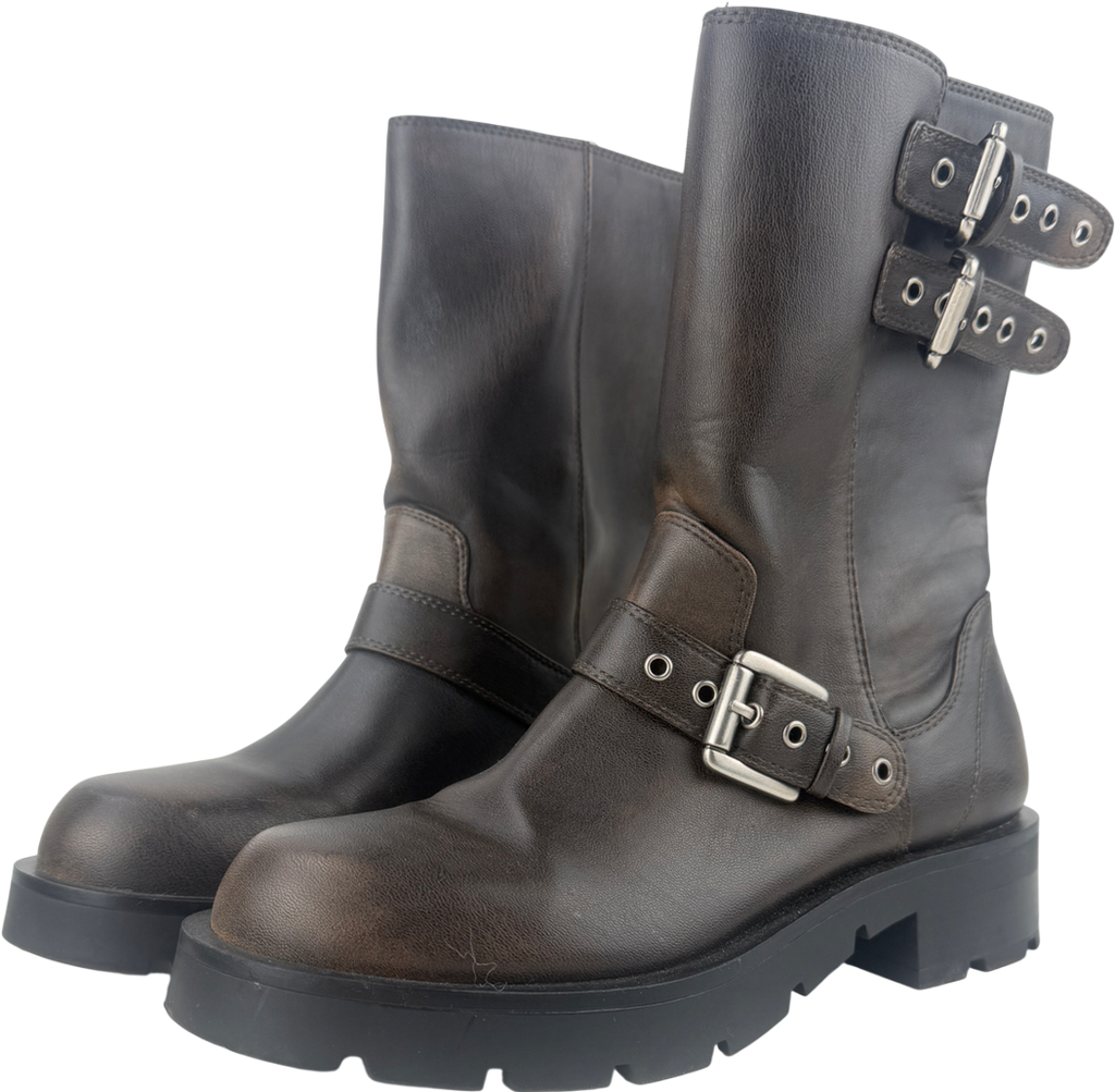 ZARA Brown Leather Biker Buckle Boots UK 5 EU 38 👠