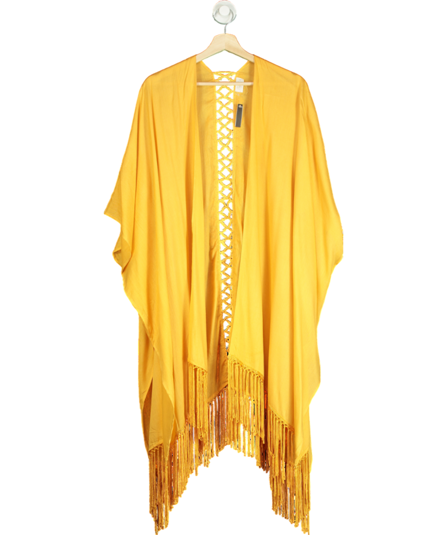 Elizabeth Gillett Yellow Solid Fringe Lace Kimono One Size